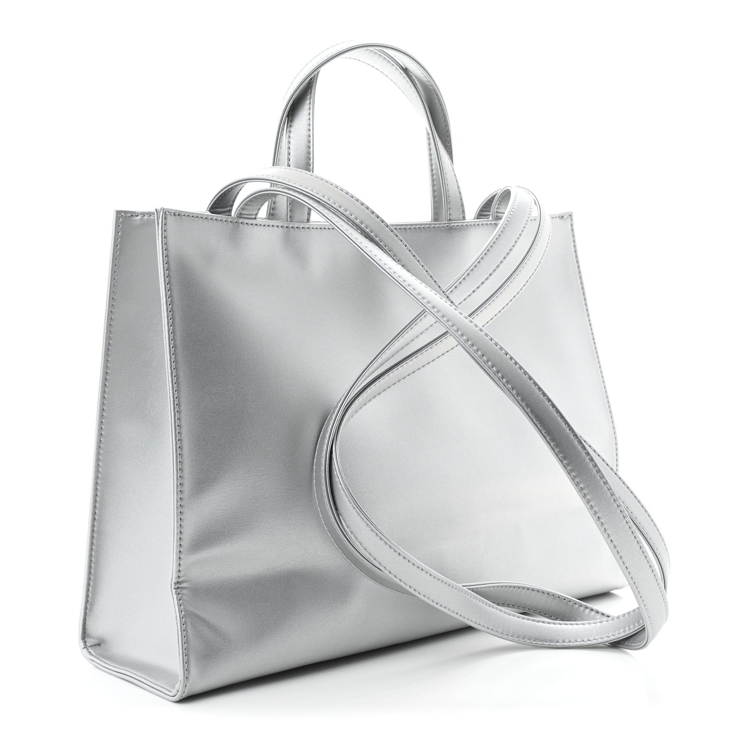 Metallic Vegan Leather Medium Shopping Bag Silver
