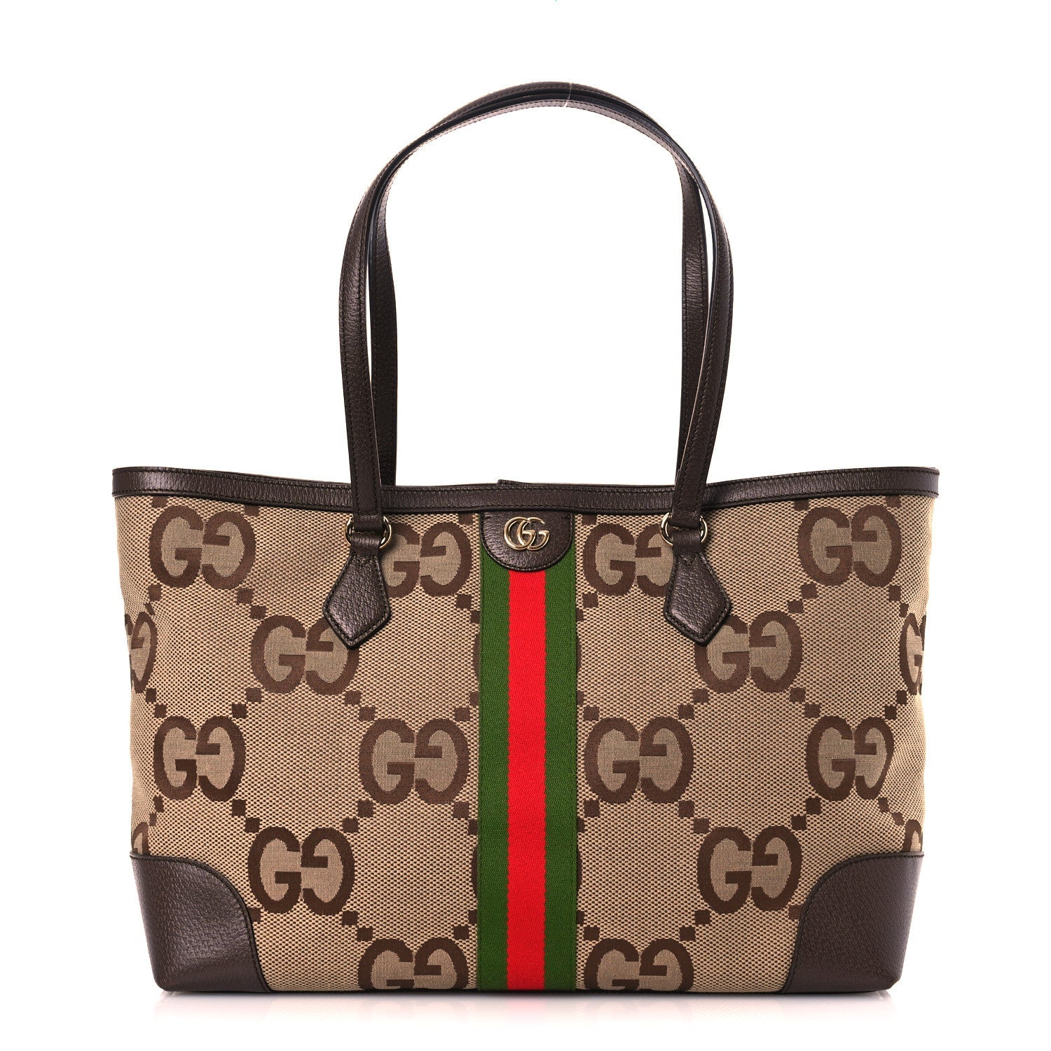 Monogram Jumbo GG Textured Dollar Calfskin Web Medium Ophidia Shopping Tote Camel Ebony