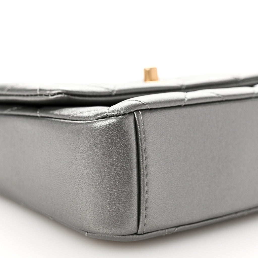 Metallic Lambskin Quilted Mini Side Note Flap Grey