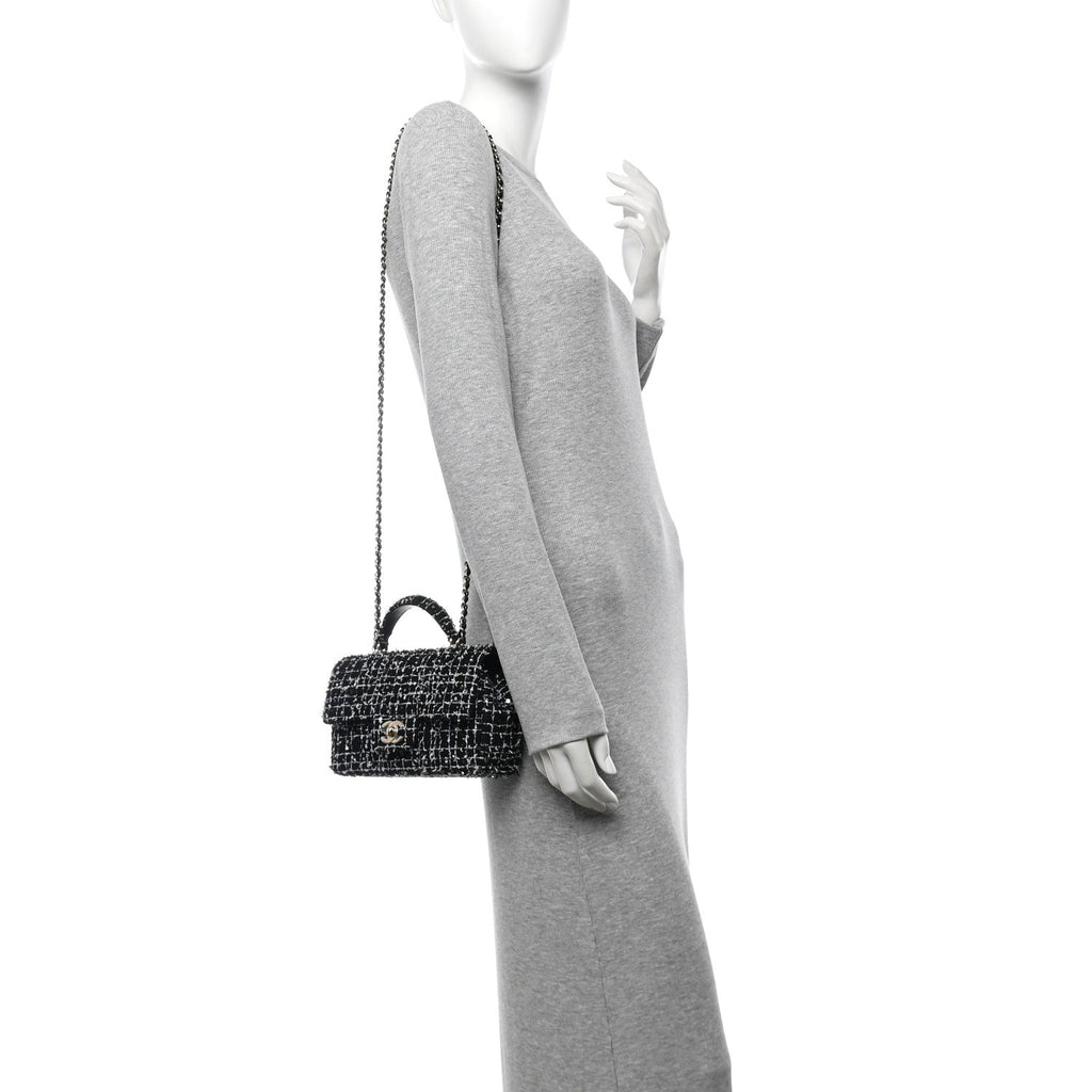Tweed Quilted Mini Top Handle Rectangular Flap Black White