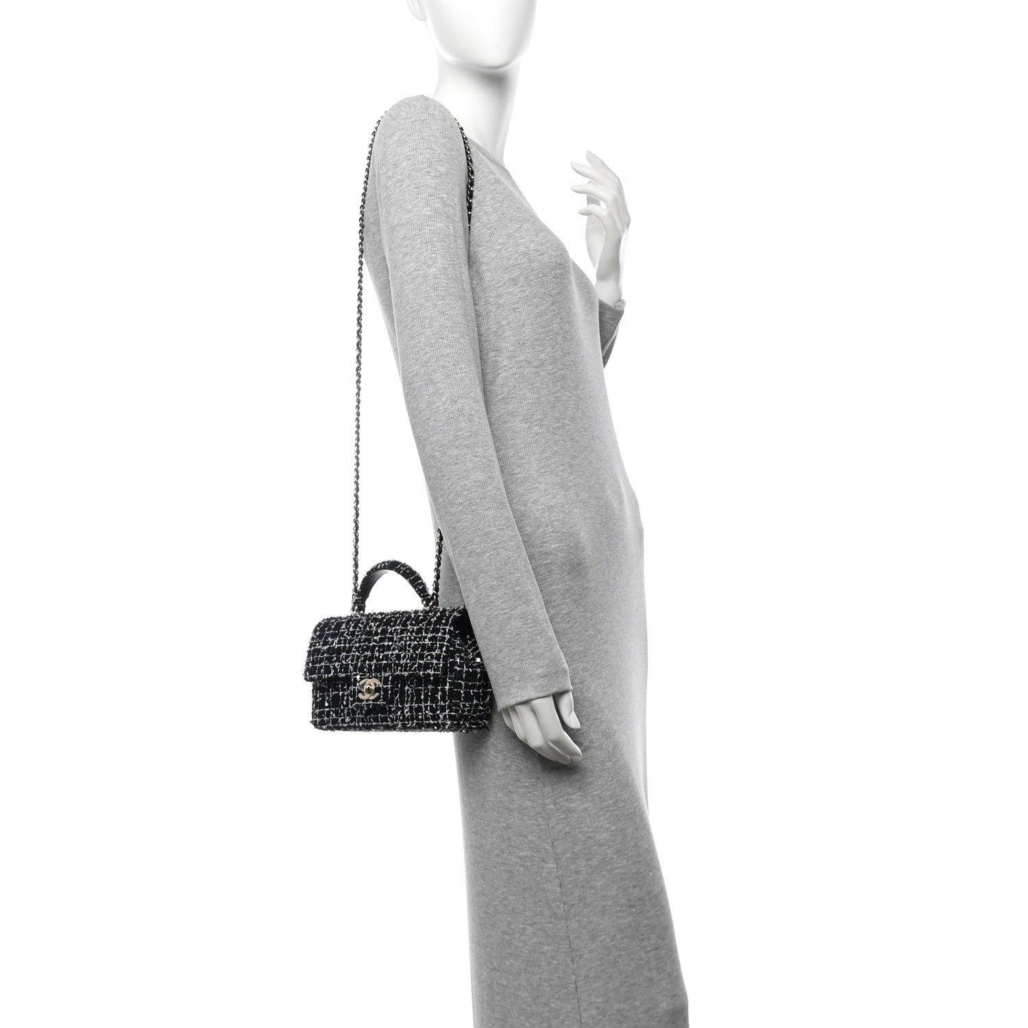 Tweed Quilted Mini Top Handle Rectangular Flap Black White
