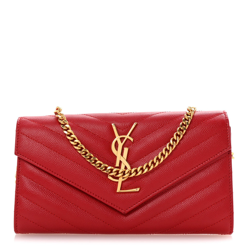 Grain De Poudre Matelasse Chevron Small Monogram Chain Wallet Red
