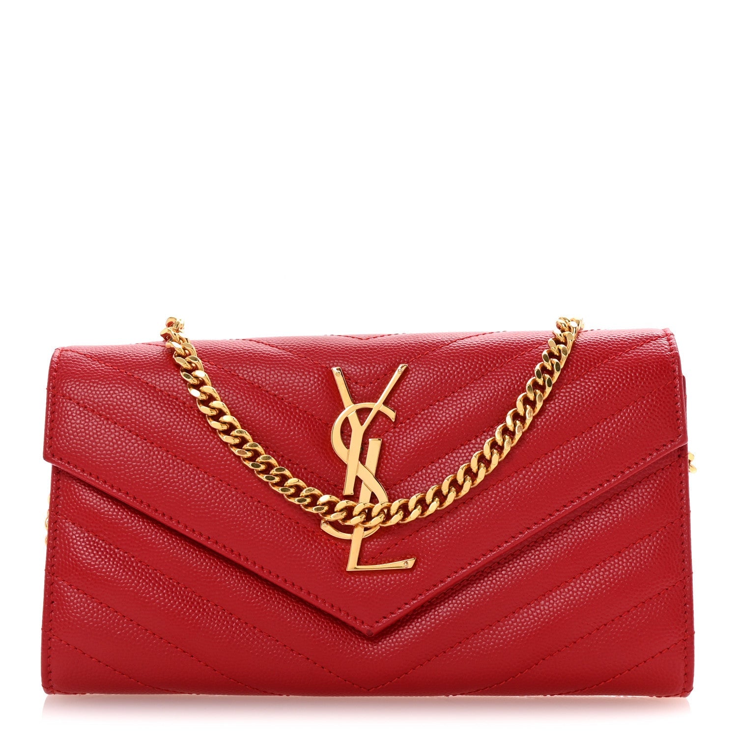 Grain De Poudre Matelasse Chevron Small Monogram Chain Wallet Red