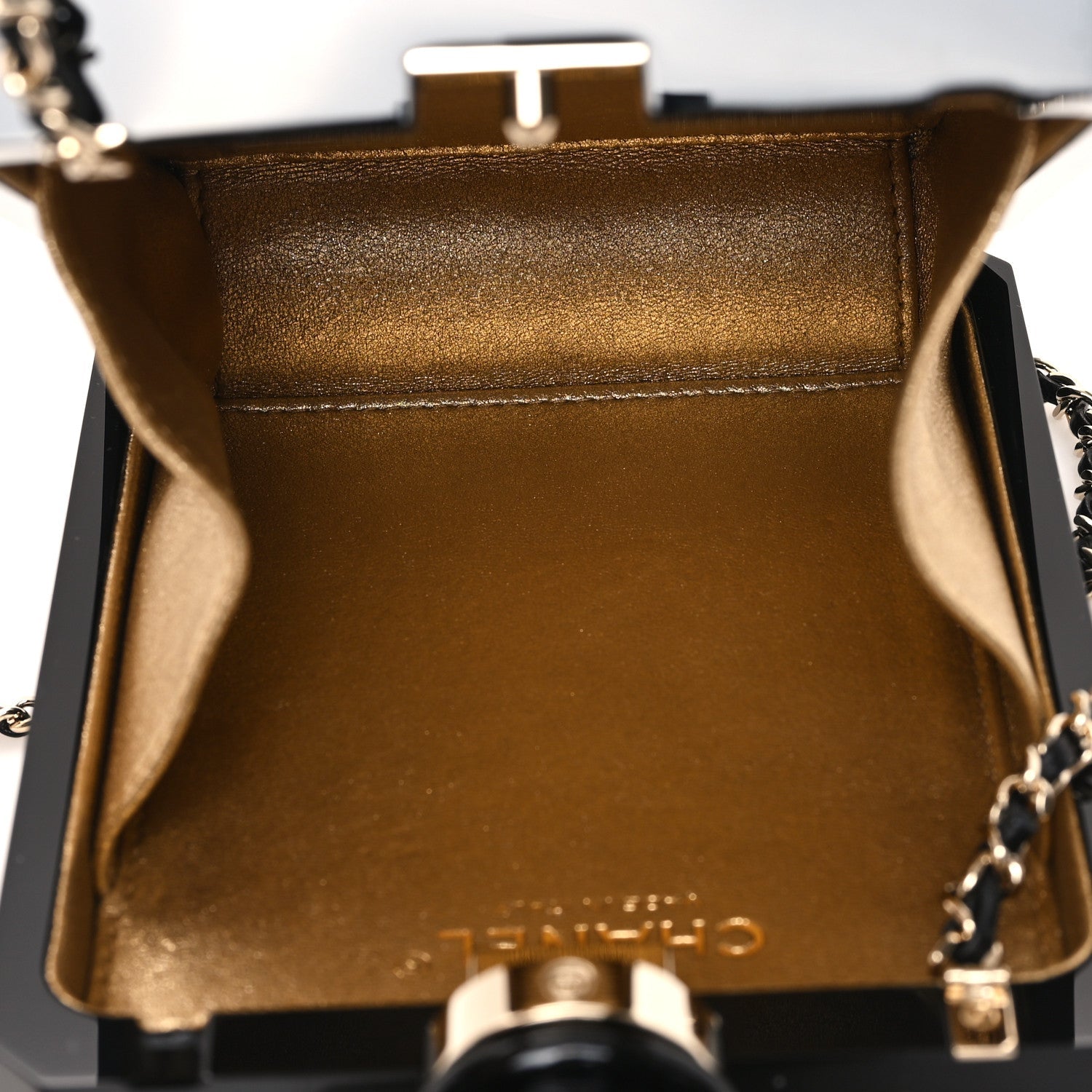 Plexiglass Perfume Bottle Clutch Black Gold