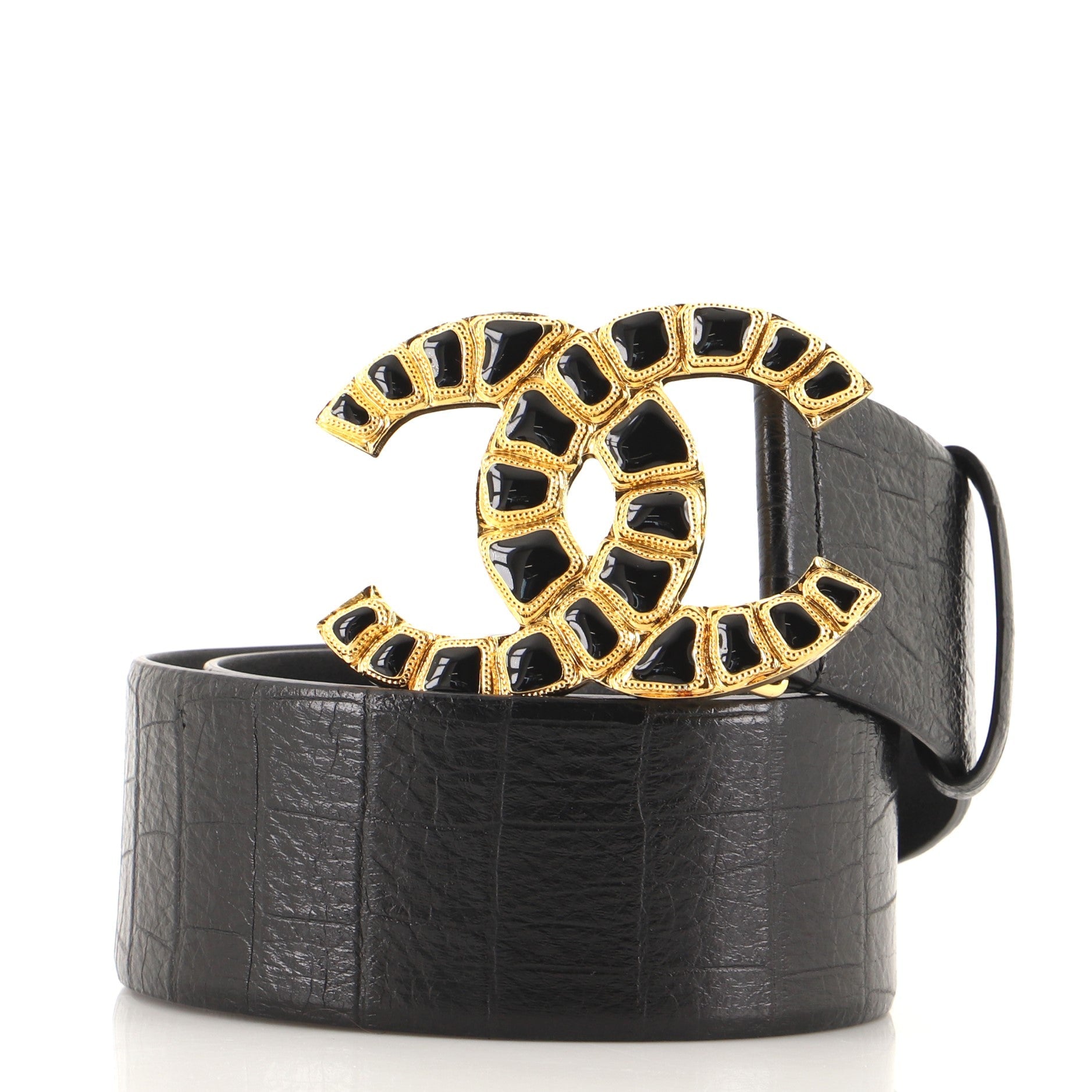 Along the Nile CC Belt Crocodile Embossed Leather Wide 75