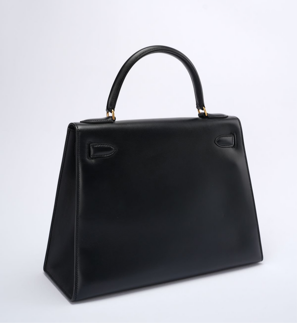 Hermes Vintage Kelly 28 Sellier Bag in Black Calf Box Leather With Gold Hardware