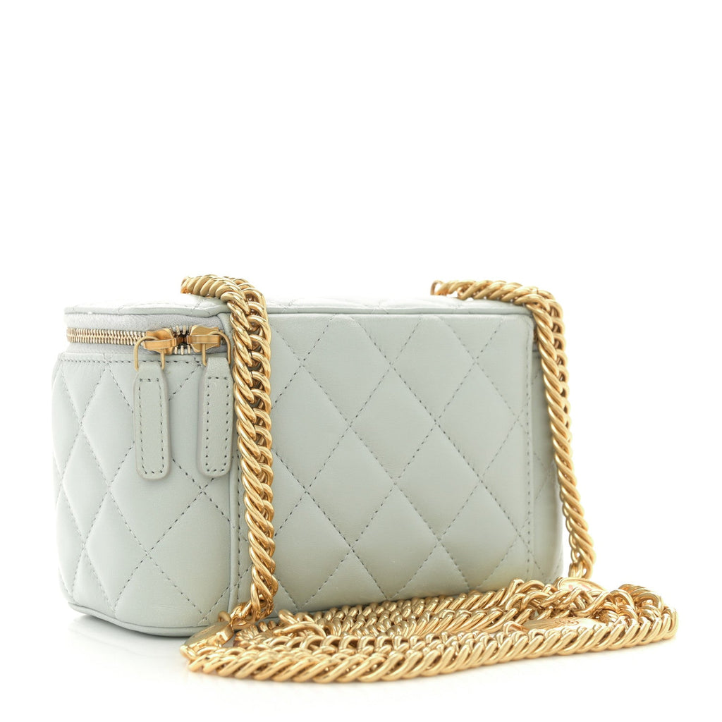 Lambskin Enamel Quilted Logo Small Vanity Case With Chain Light Grey