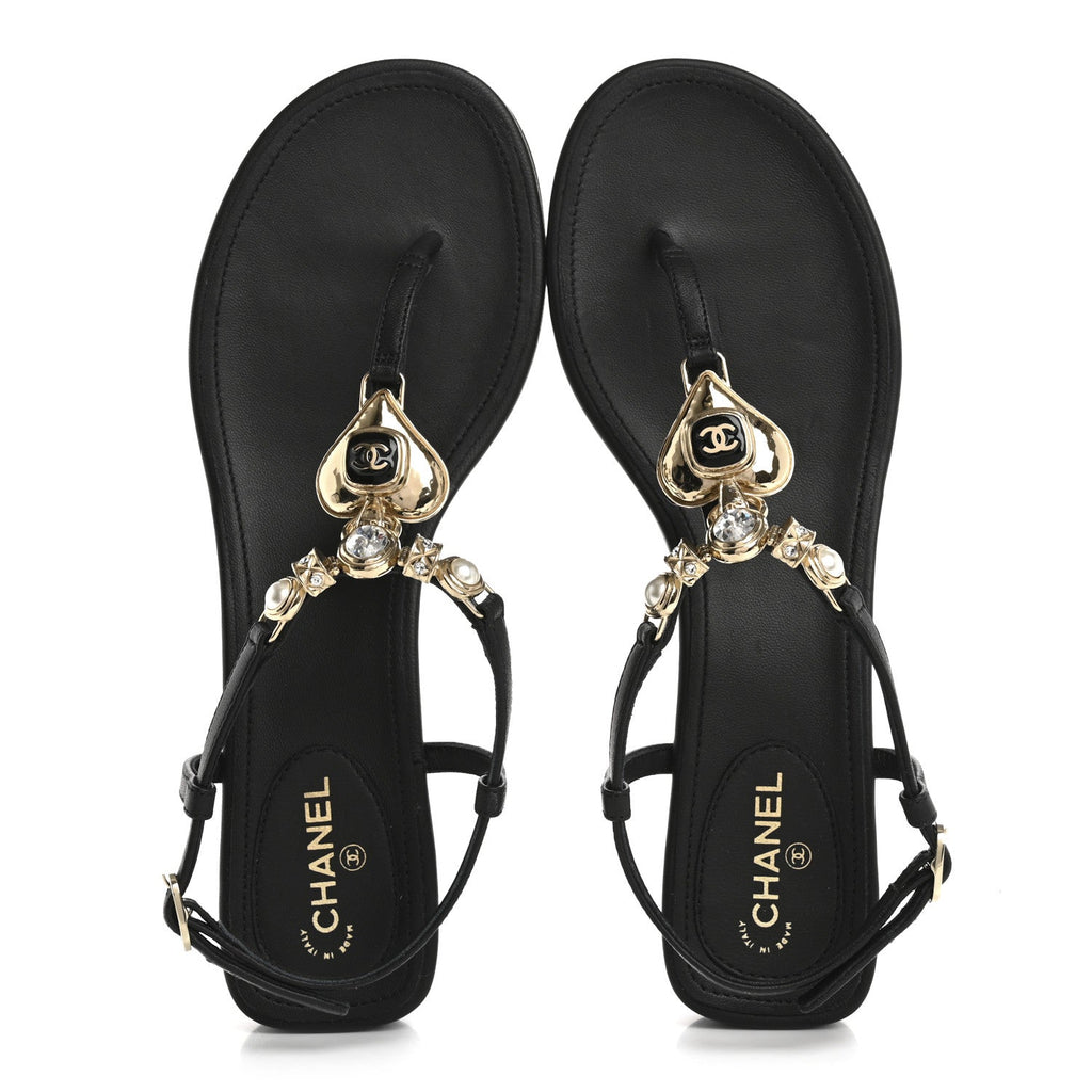 Lambskin Metal Heart Thong Sandals 39 Black