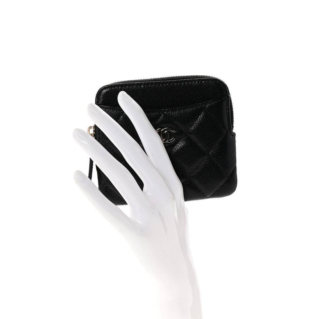 Caviar Quilted Zip  Holder Wallet Black