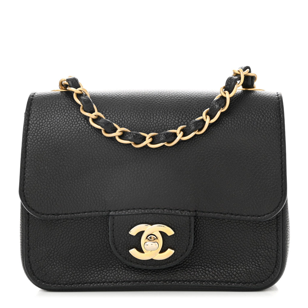 Grained Calfskin Mini Square Classic Pure Flap Black