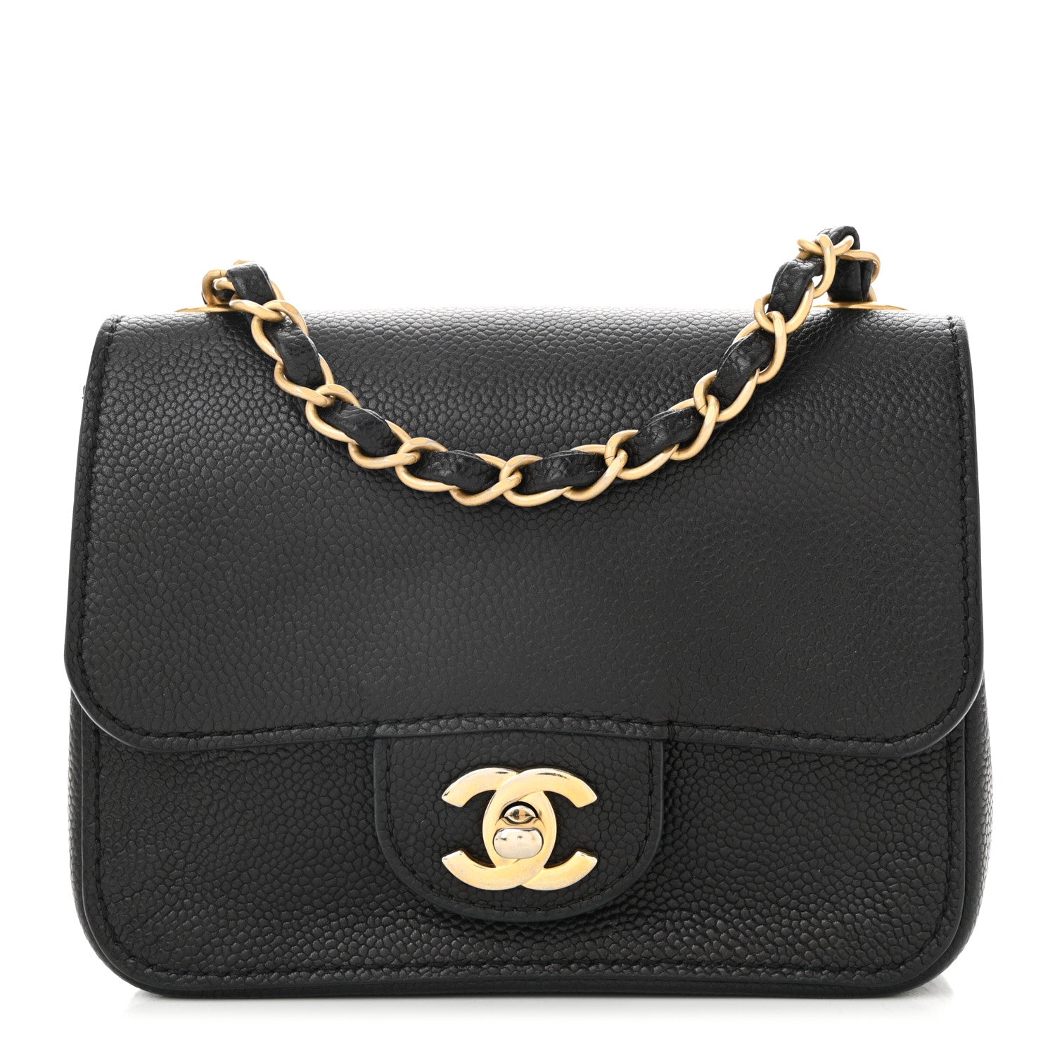 Grained Calfskin Mini Square Classic Pure Flap Black