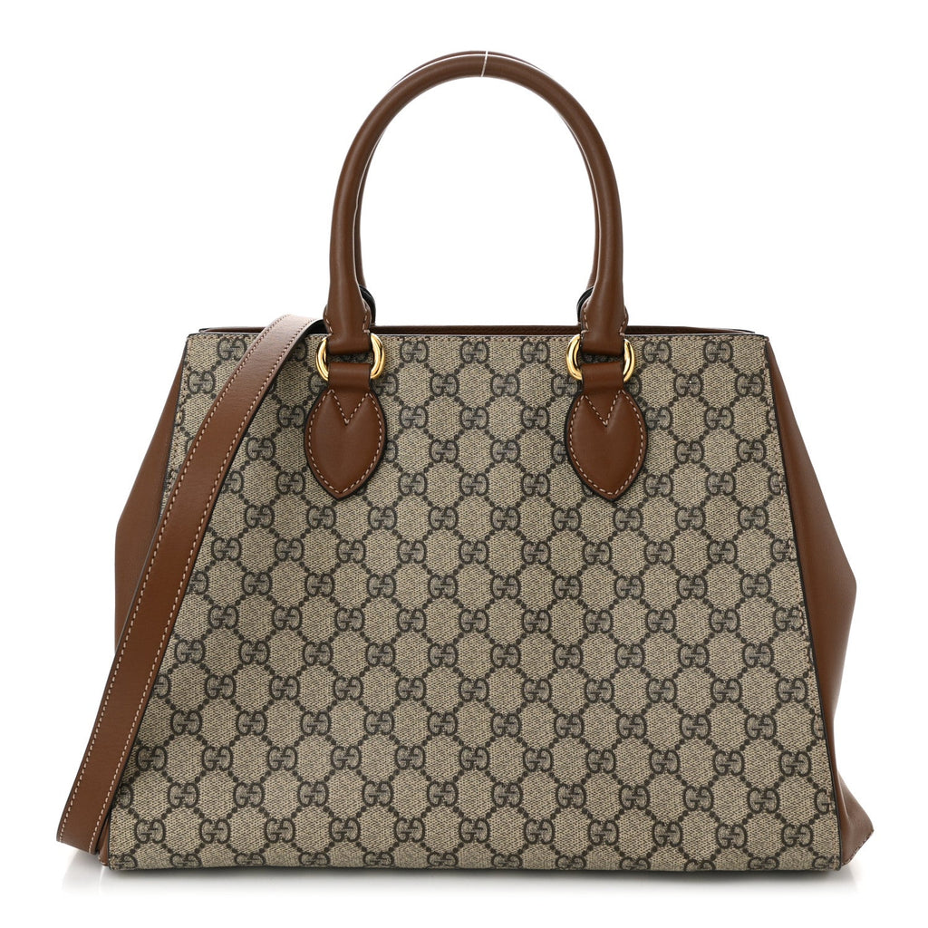 GG Supreme Monogram Moon Calfskin Top Handle Tote Bag Beige Ebony Tuscany