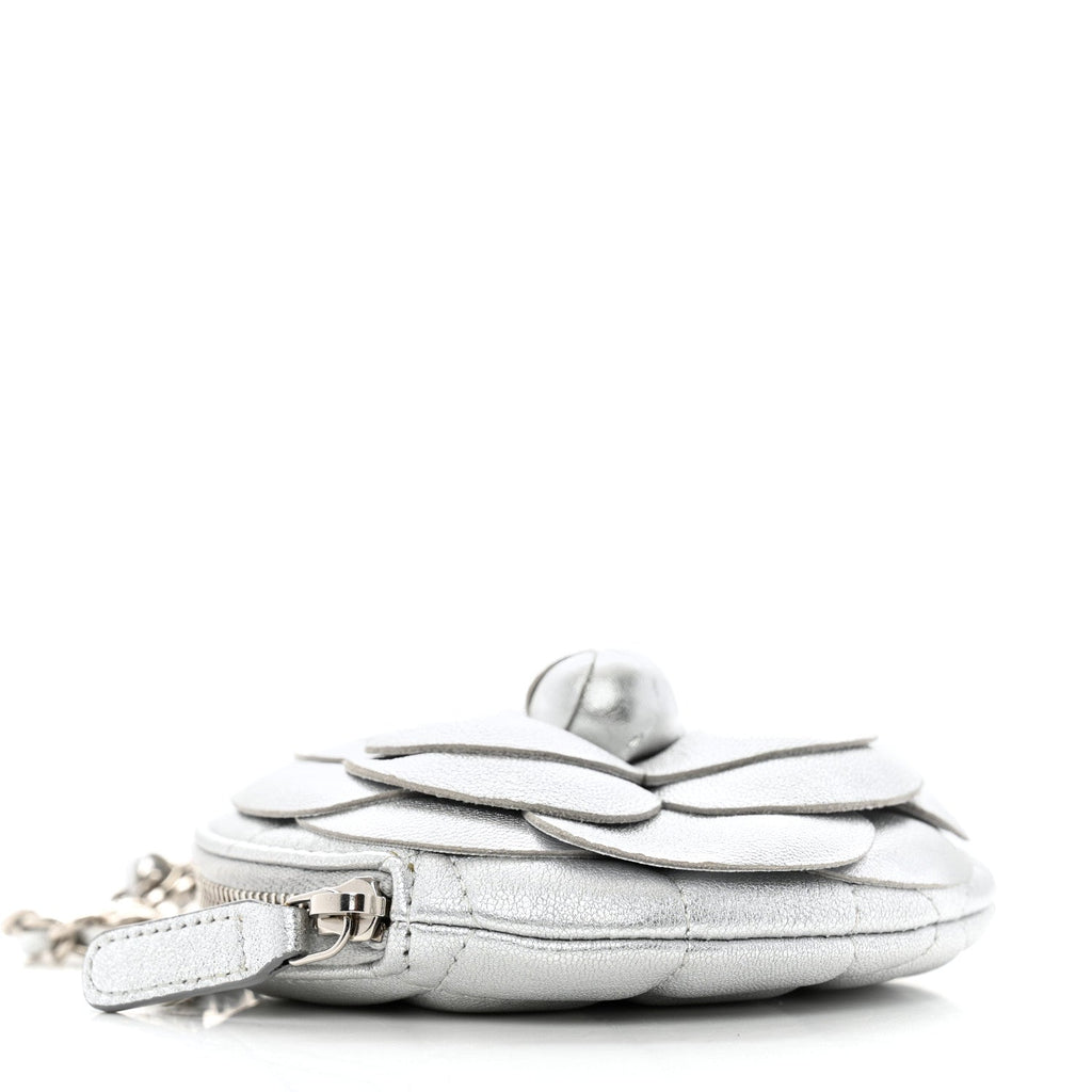 Metallic Lambskin Mini Camellia Bouquet Clutch With Chain Silver