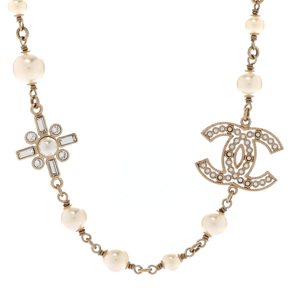 Crystal Baguette Pearl CC Cross Short Necklace Gold
