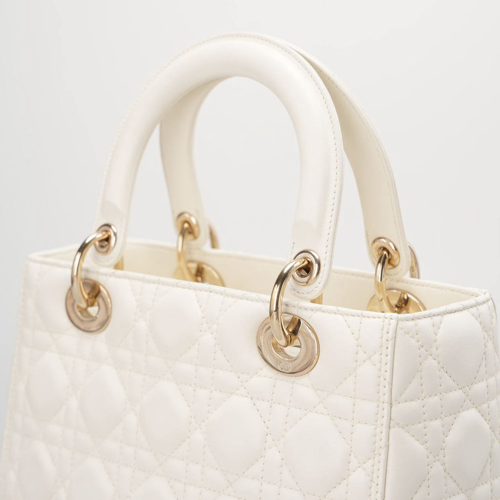 Christian Dior White Medium Lady Dior Bag in Cannage Lambskin Leather with Gold Hardware