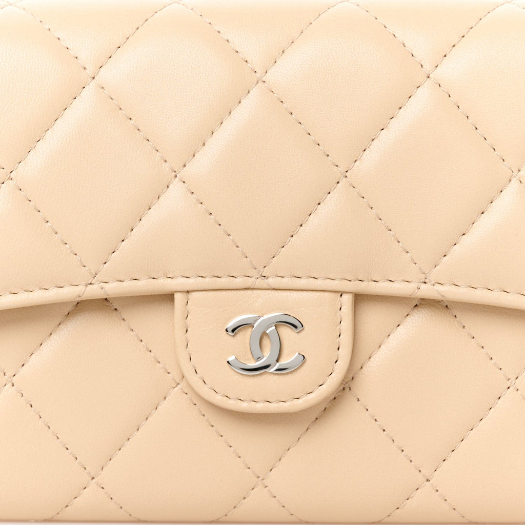 Lambskin Quilted CC Large Gusset Flap Wallet Beige