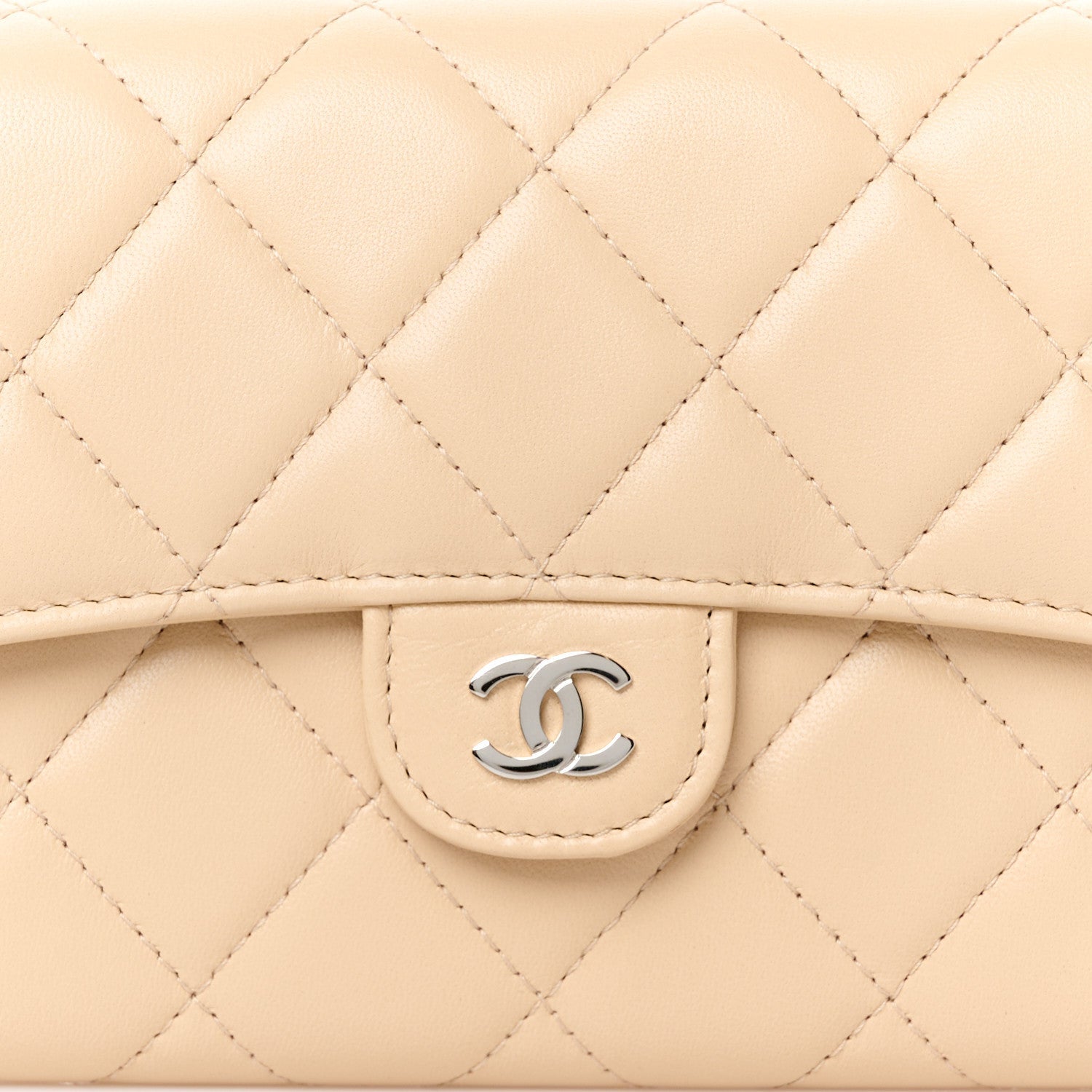 Lambskin Quilted CC Large Gusset Flap Wallet Beige