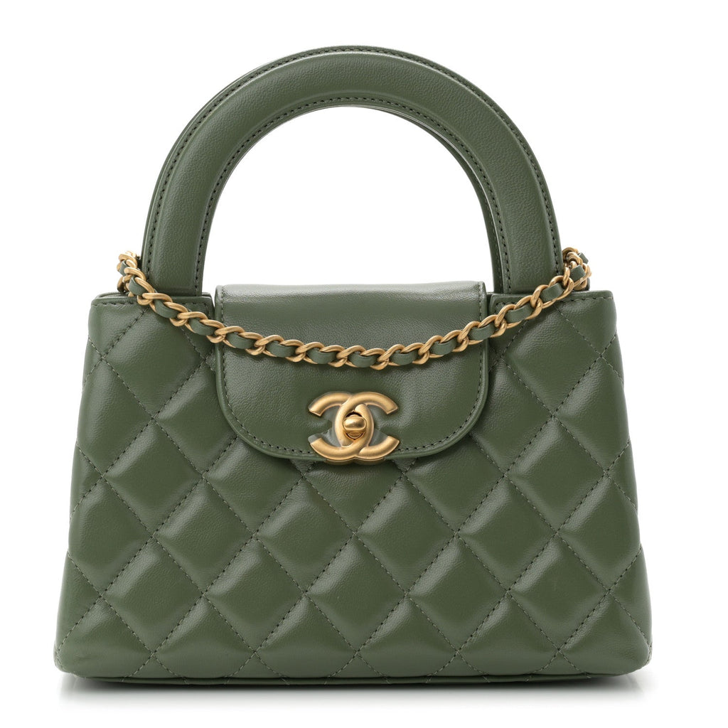 Shiny Aged Calfskin Quilted Nano Kelly Shopper Khaki