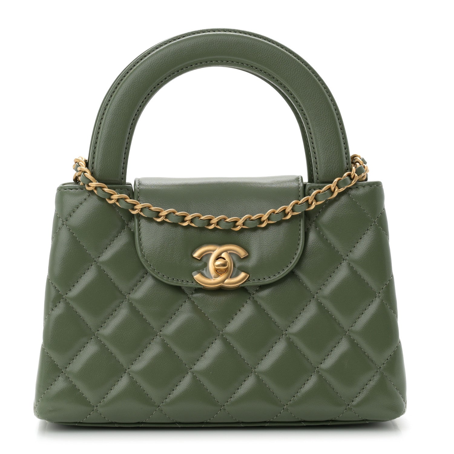 Shiny Aged Calfskin Quilted Nano Kelly Shopper Khaki