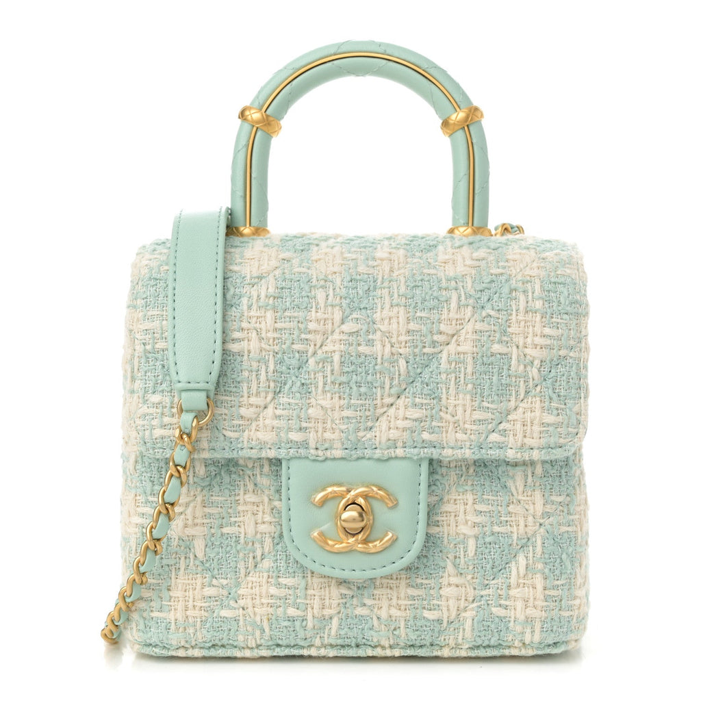 Tweed Handle Crush Top Handle Flap Bag Light Blue Ecru