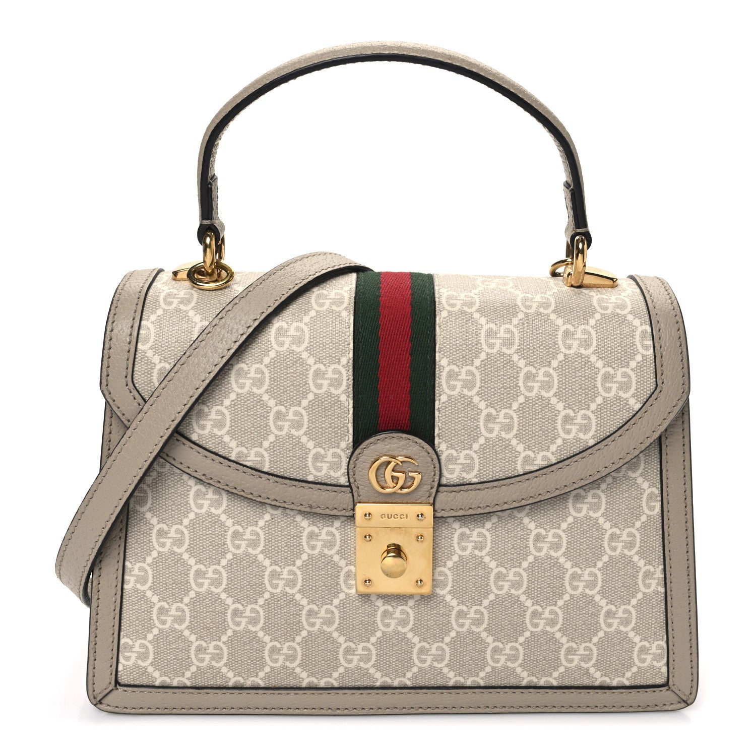 GG Supreme Monogram Textured Dollar Calfskin Web Small Ophidia Padlock Top Handle Bag Beige Mystic White Oatmeal