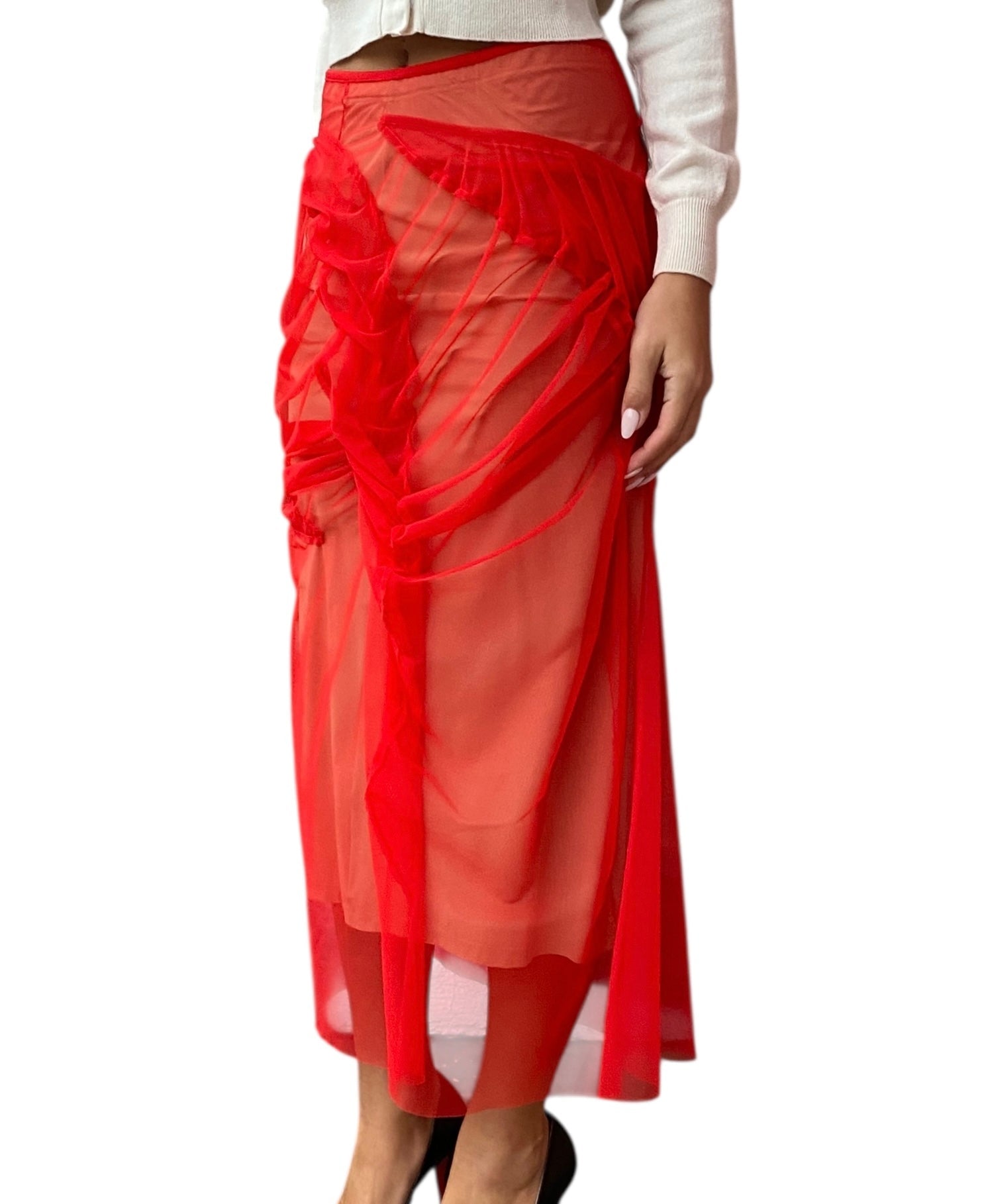 Maison Margiela Red Tulle Overlay Midi Skirt - 40 / US 4