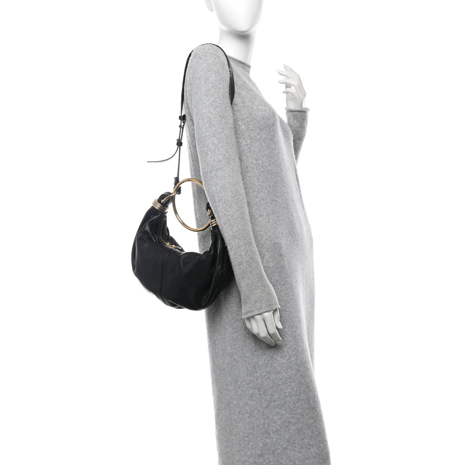 Grained Calfskin Small Bracelet Hobo Bag Black