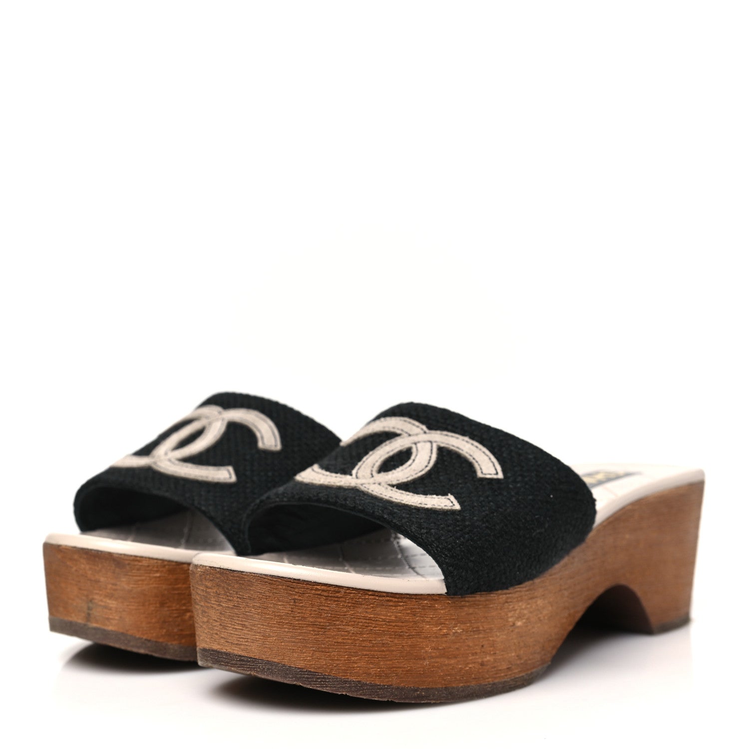Fabric Suede Calfskin Wooden CC Clogs  36 Black Light Grey