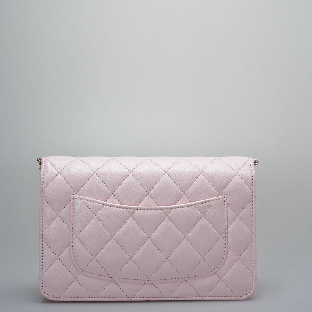Chanel Baby Pink Wallet on Chain (WOC) in Quilted Lambskin with Pearl Chain – Gold Hardware