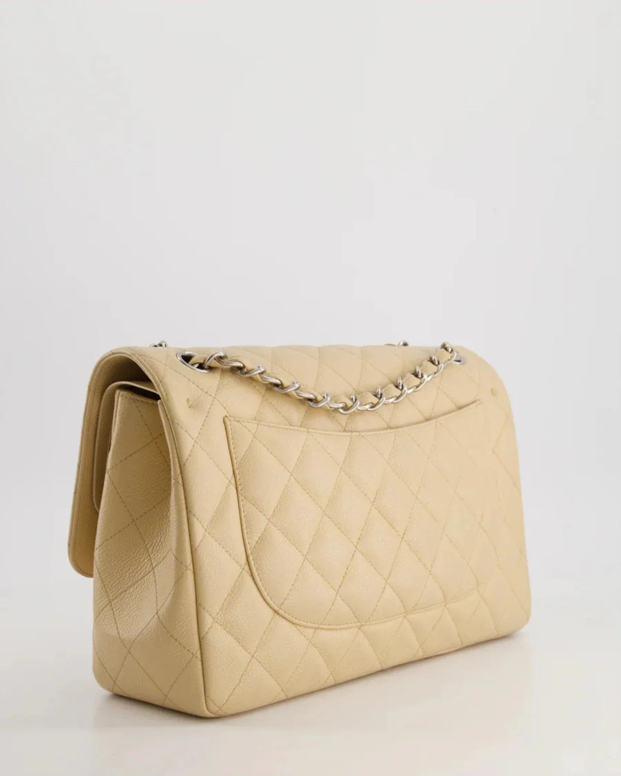 Chanel timeless Flap Bag Beige Jumbo Size Caviar Leather with Silver Hardware