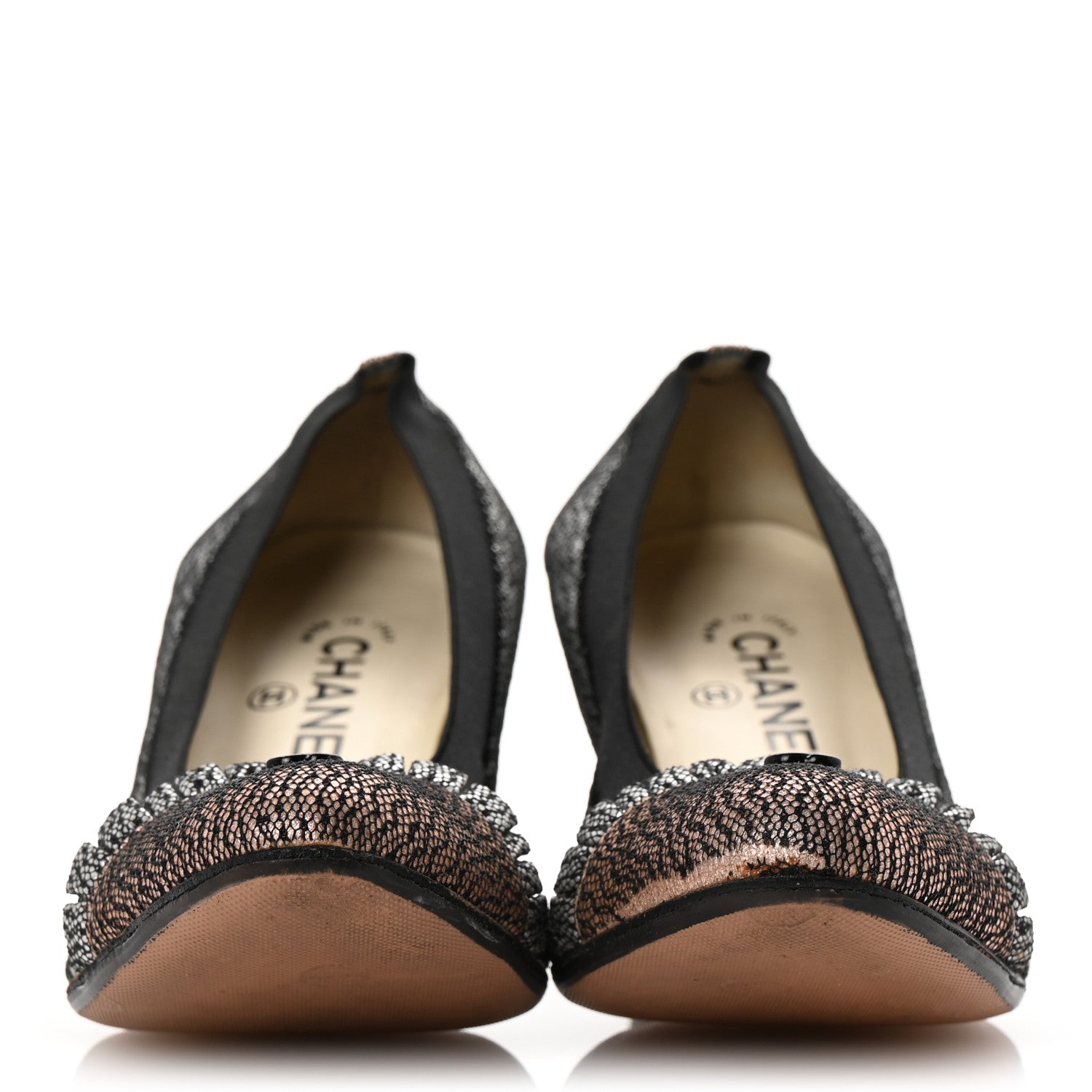 Lace Lambskin CC Elastic Stretch Pumps 39 Black Silver Rose Gold