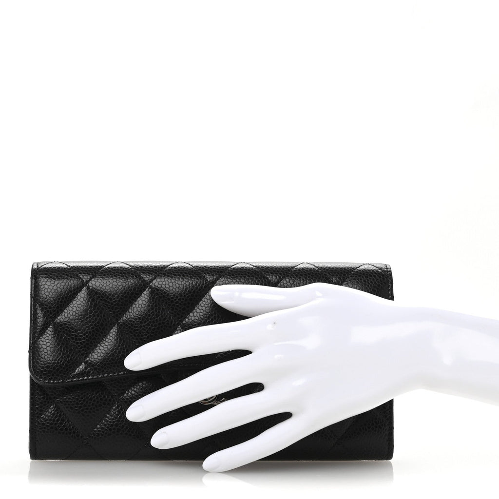 Caviar Quilted Large Gusset Flap Wallet Black