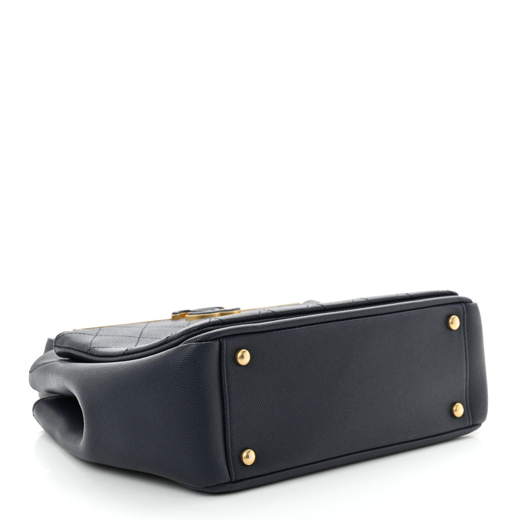 Grained Calfskin Stitched Small Lady Coco Top Handle Tote Navy