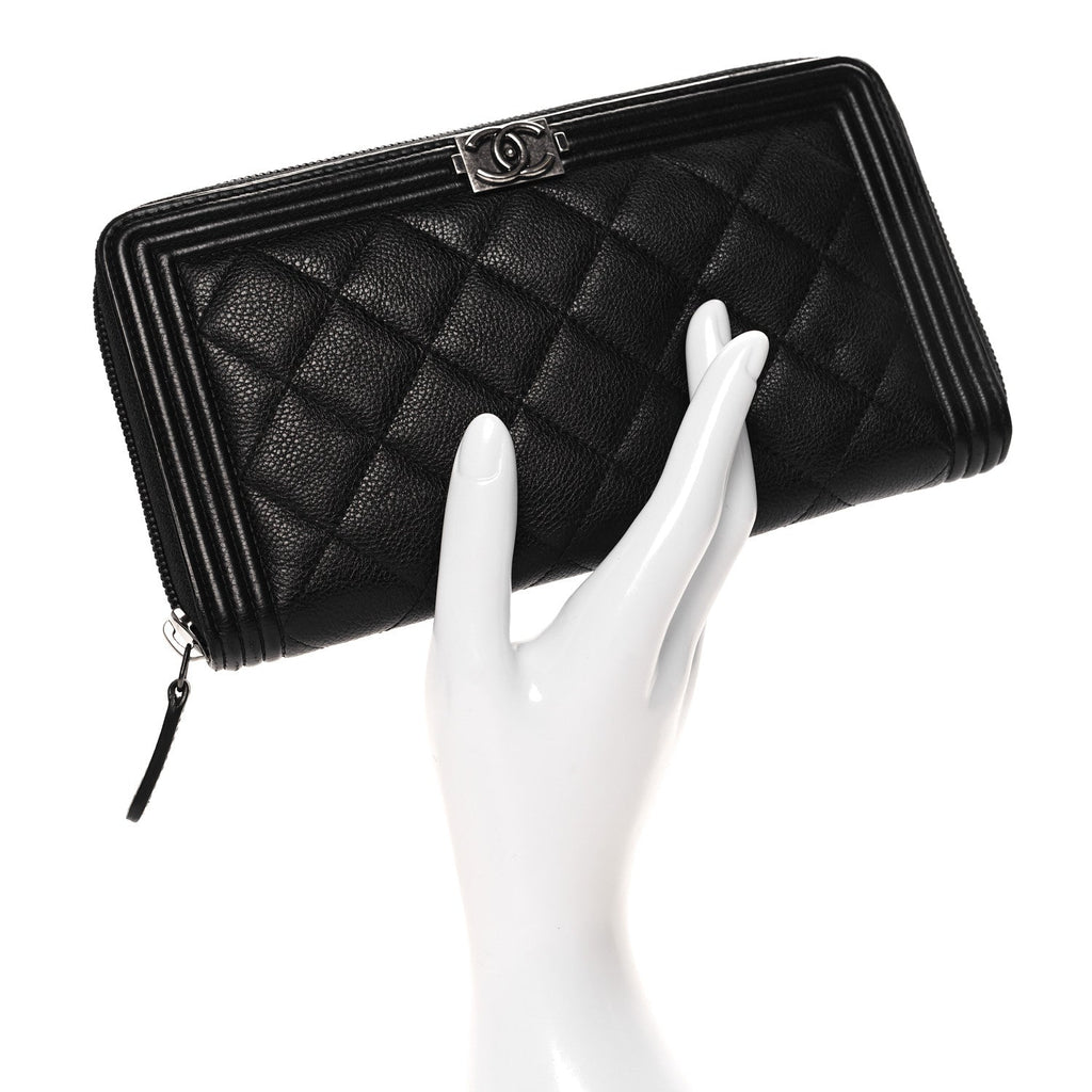 Grained Calfskin Quilted Boy Zip Around Organizer Wallet Black