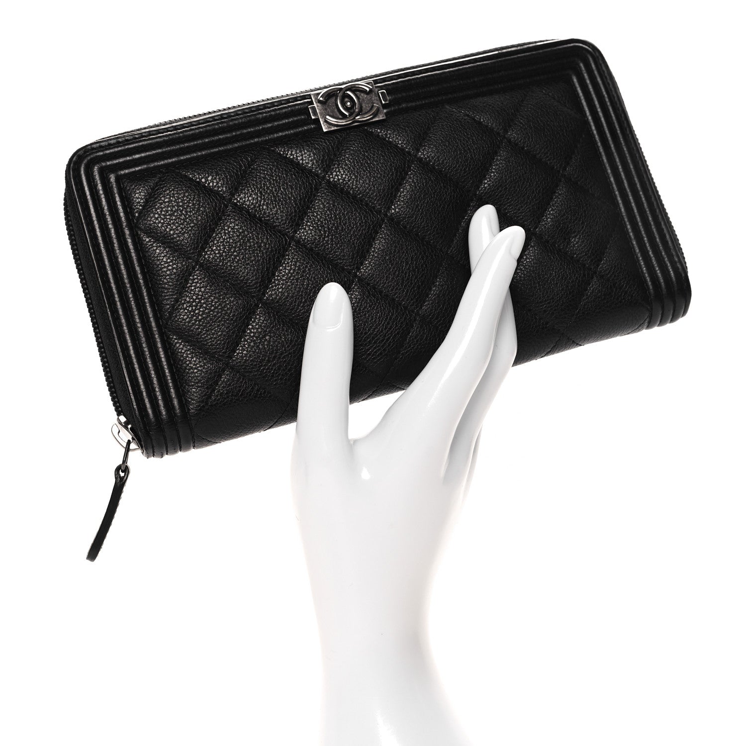 Grained Calfskin Quilted Boy Zip Around Organizer Wallet Black