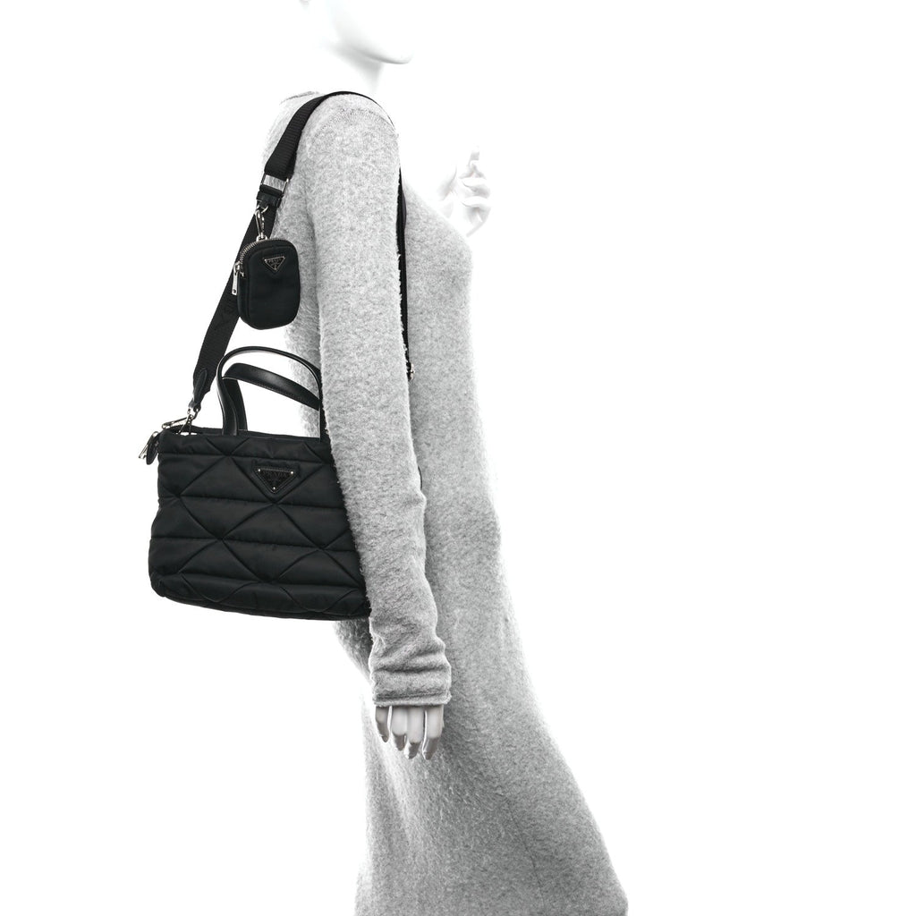 Re-Nylon Nappa Triangle Quilted Padded Double Handled Zip Pocket Tote Black