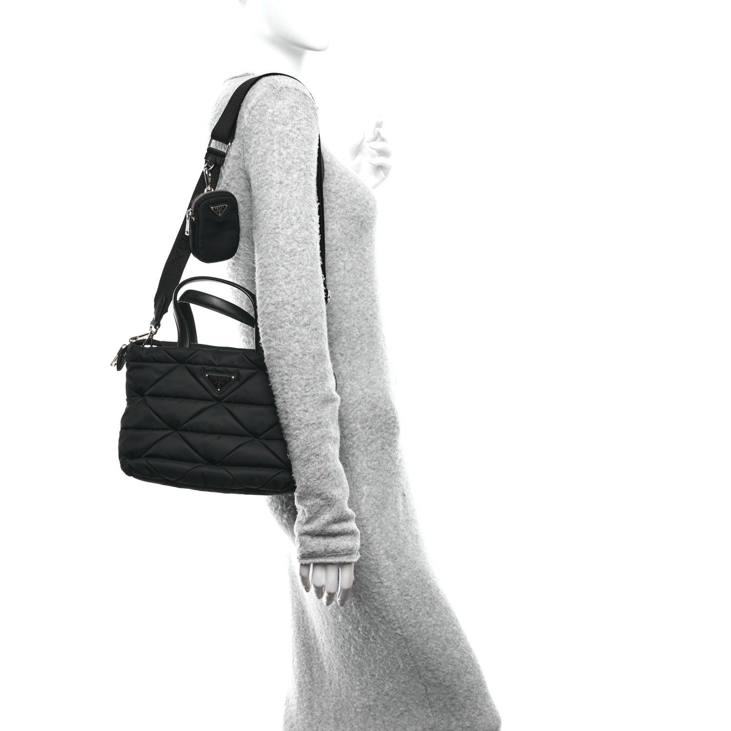 Re-Nylon Nappa Triangle Quilted Padded Double Handled Zip Pocket Tote Black