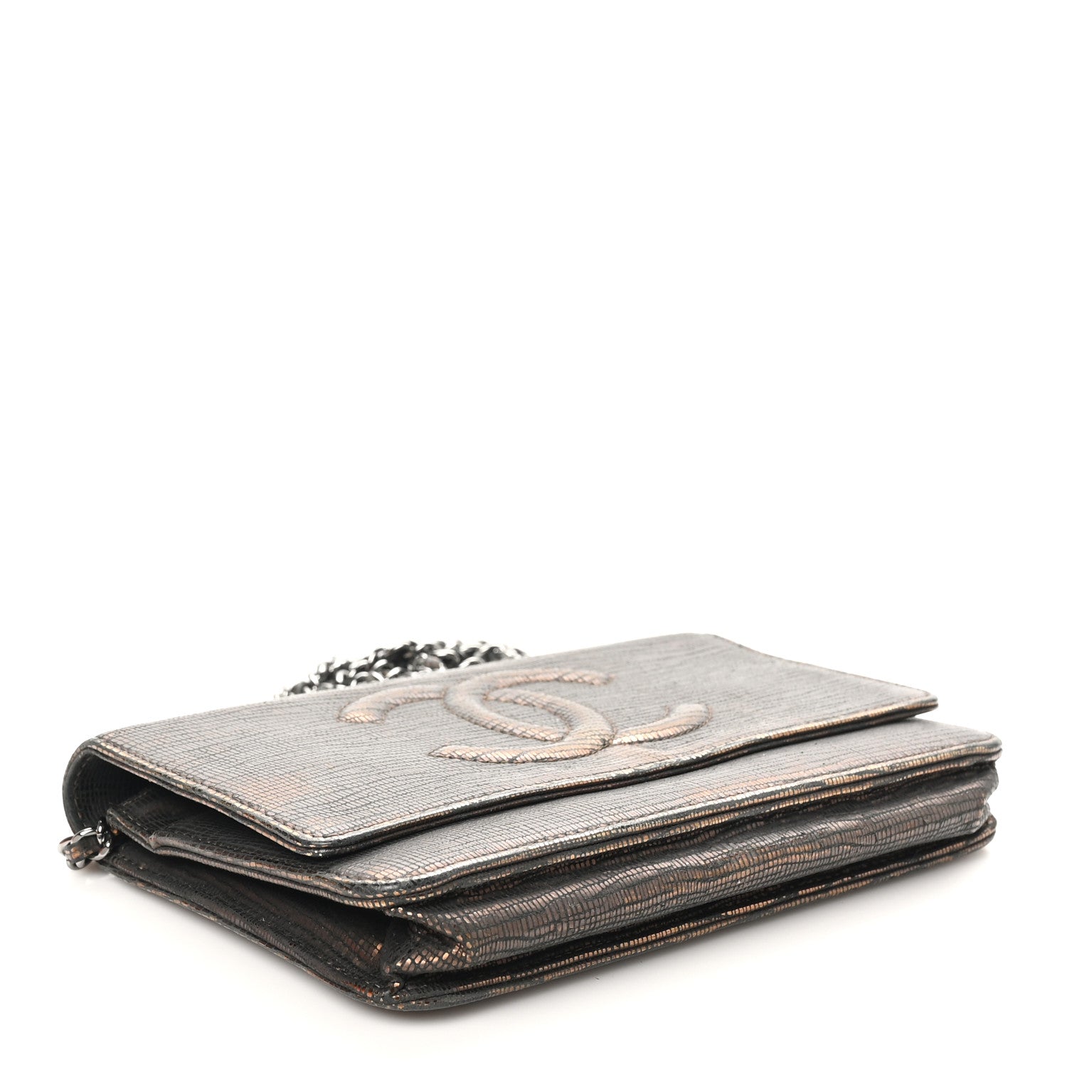 Iridescent Lizard Embossed Timeless CC Wallet on Chain WOC Brown