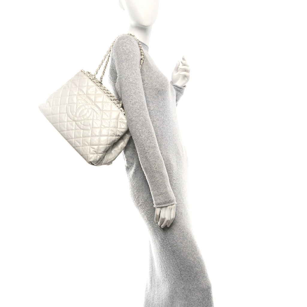Glazed Calfskin Quilted Small Chain Me Tote Dark White