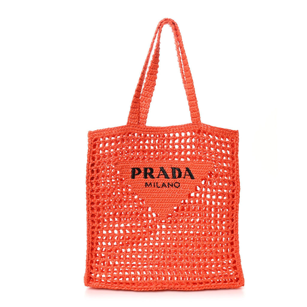Yarn Raffia Effect Crochet Logo Embroidered Tote Bag Arancio