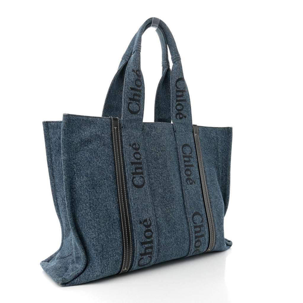 Denim Calfskin Large Woody Ribbon Tote Blue