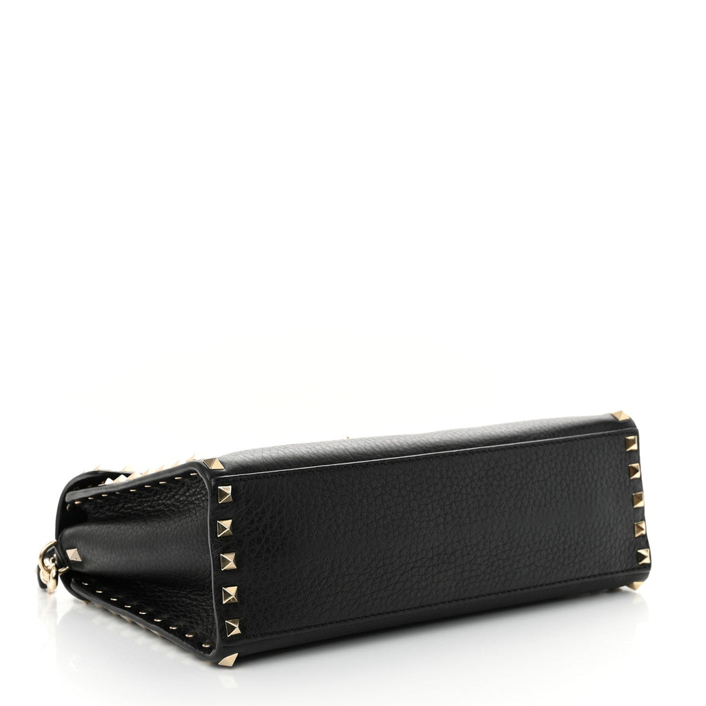 Pebbled Calfskin Rockstud Flip Lock Top Handle Bag Black