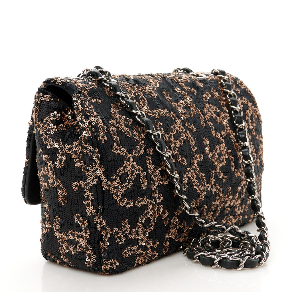 Sequin Medium Single Flap Black Gold