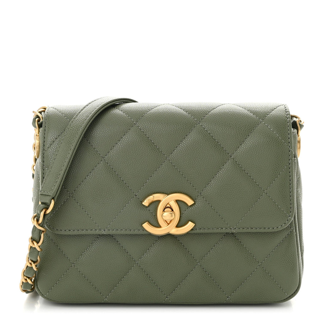 Shiny Caviar Quilted Mini Flap Khaki