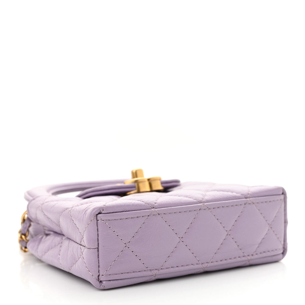 Shiny Aged Calfskin Quilted Mini Nano Kelly Shopper Lilac