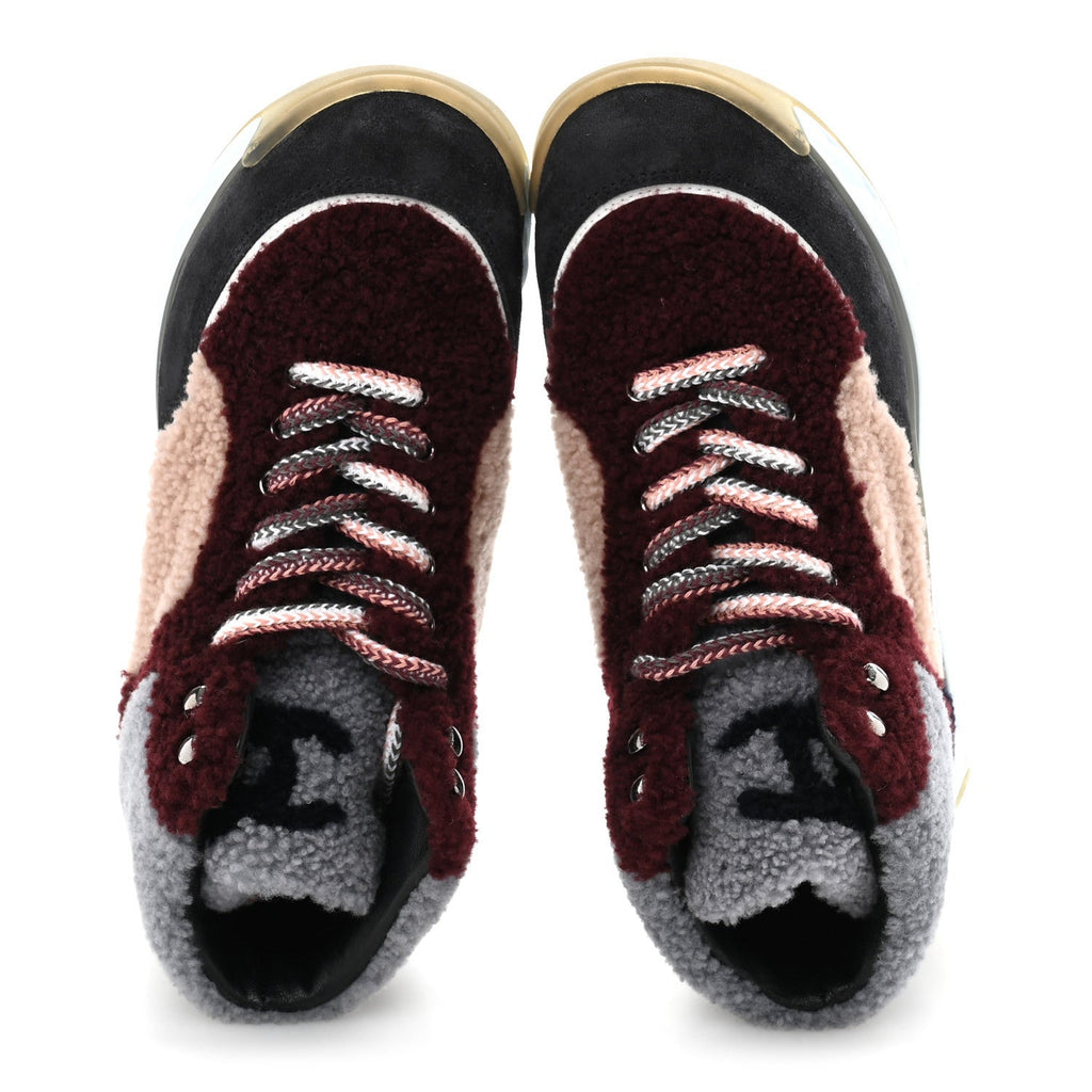 Shearling Lambskin Suede CC High Top Sneakers 36.5 Grey Pink Burgundy