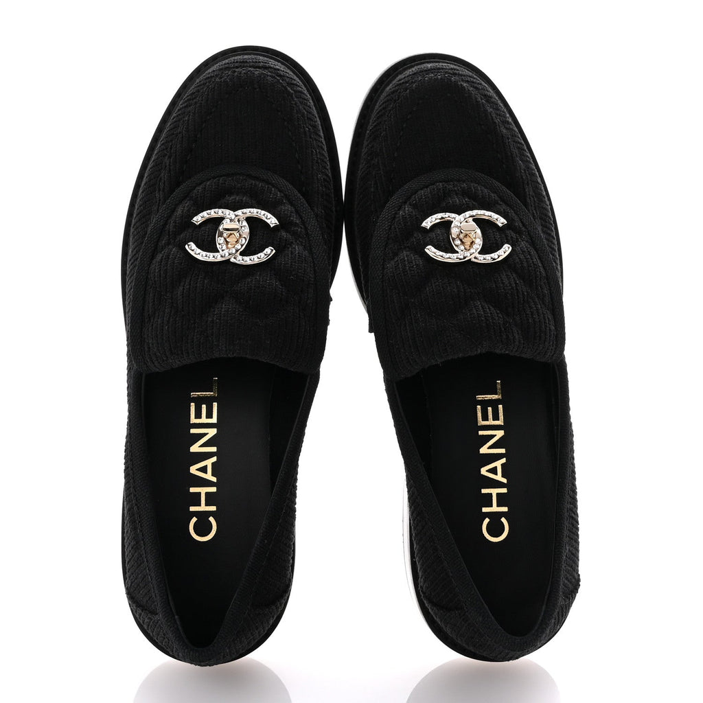 Corduroy Quilted CC Turnlock Loafers 36 Black