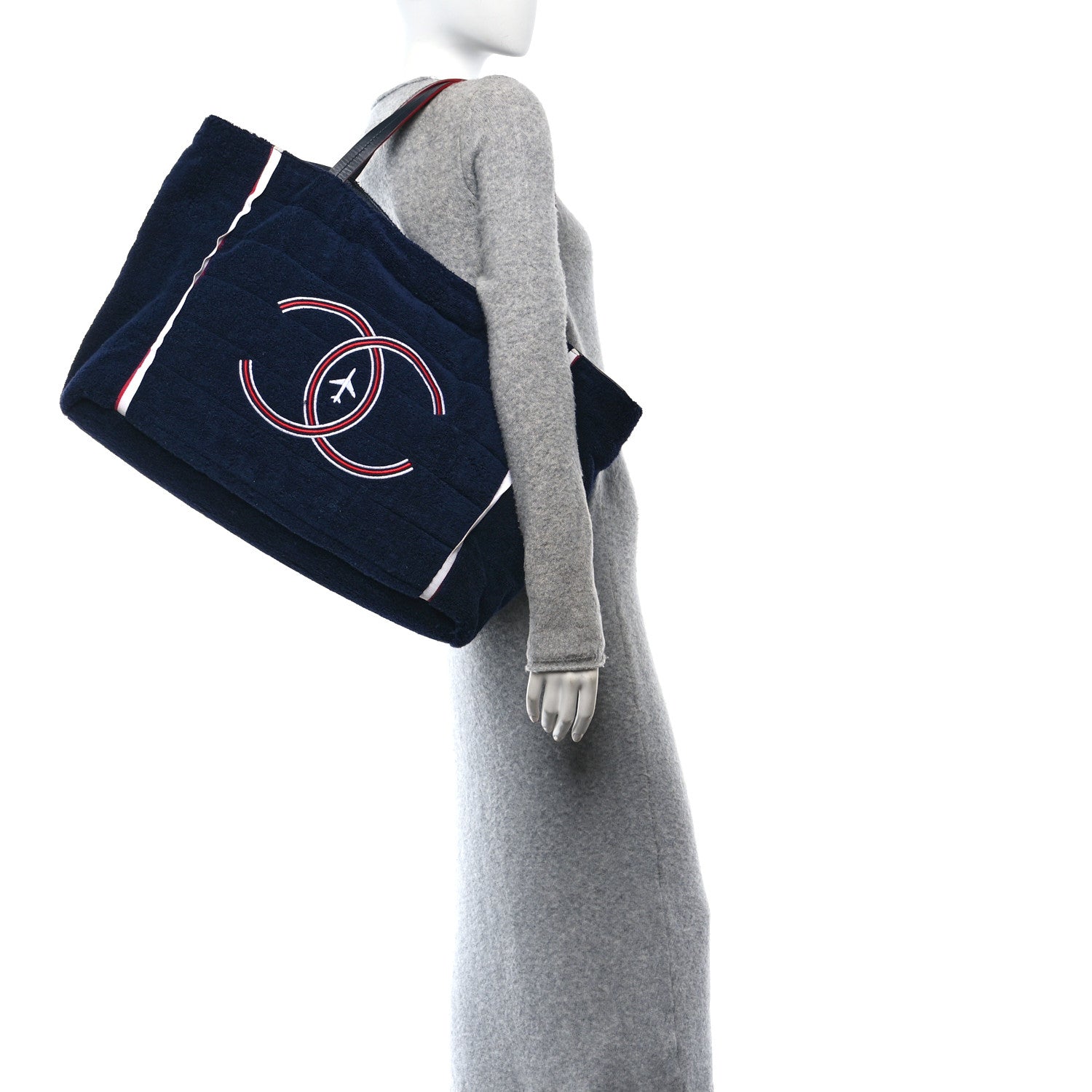 Nylon Terry Cloth Reversible Chanel Airlines Tote Silver Navy