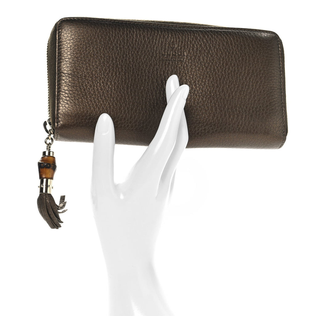 Metallic Calfskin Bamboo Tassel Zip Around Wallet Bronze