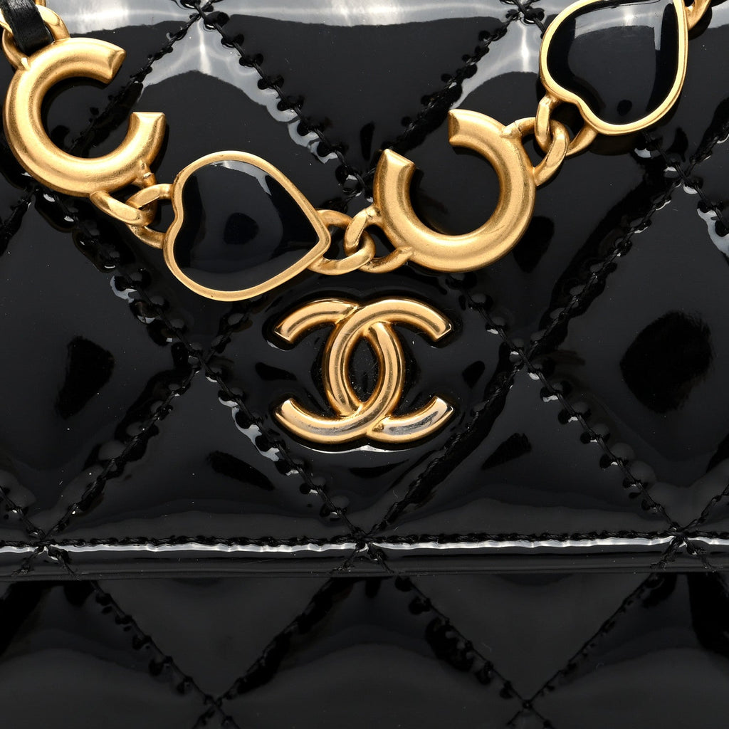 Patent Enamel Quilted Coco Hearts Clutch With Chain Black